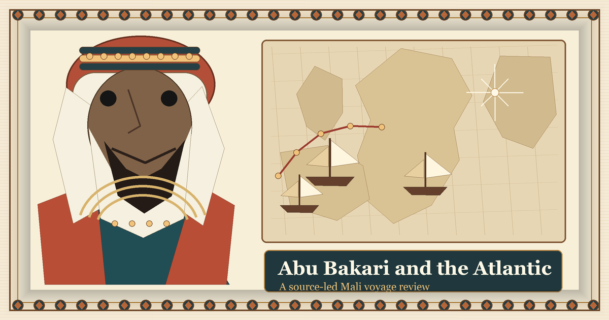 Illustrated Abu Bakari portrait beside an Atlantic route map and ships.